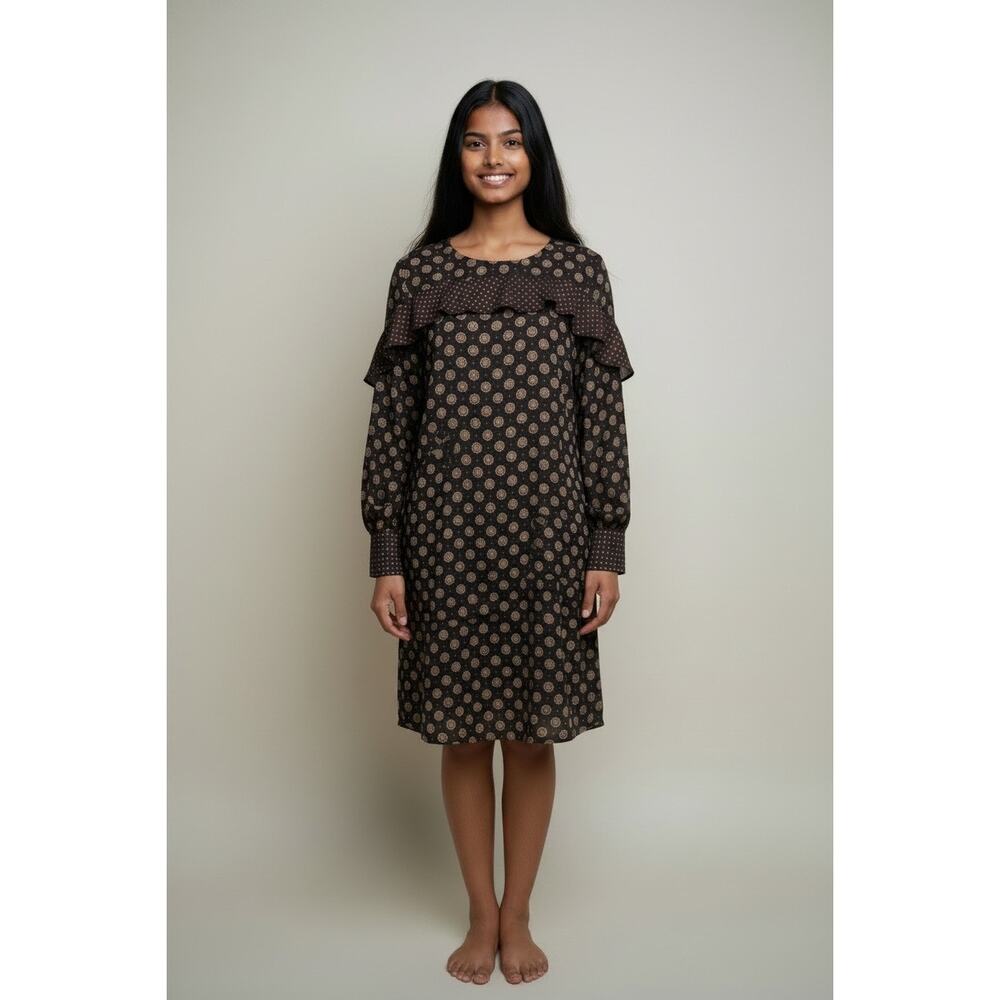 Banana Republic Navy 100% Silk Foulard Print Ruffle Long Sleeve Dress Sz 8 - Picture 15 of 16